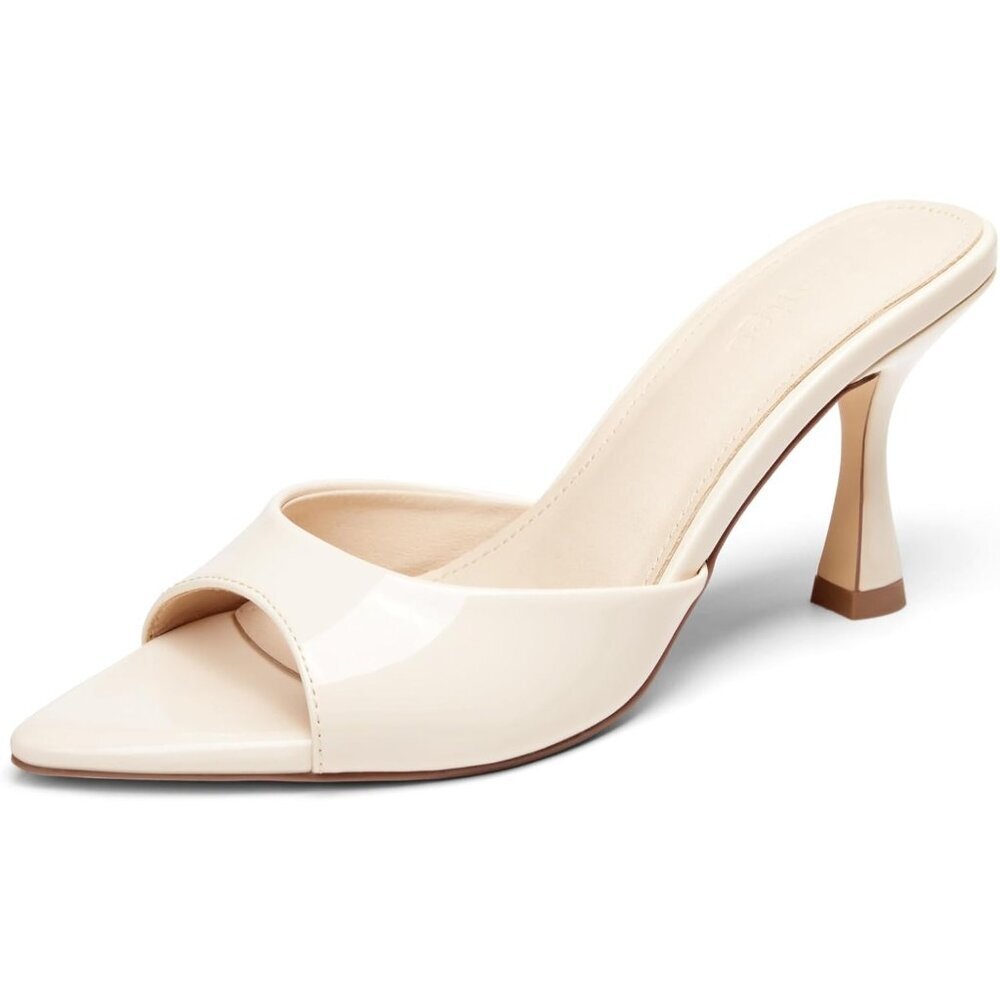 Women's Beige Heeled Mules Pointed Peep Toe High Heels Slip On Backless Mule - Picture 1 of 5